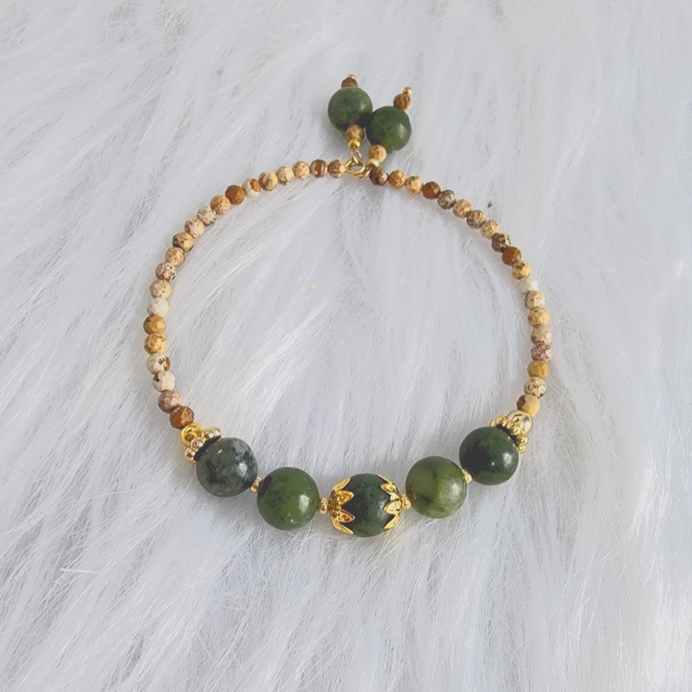Natural Green Southern Jade with Beige Jasper Bracelet